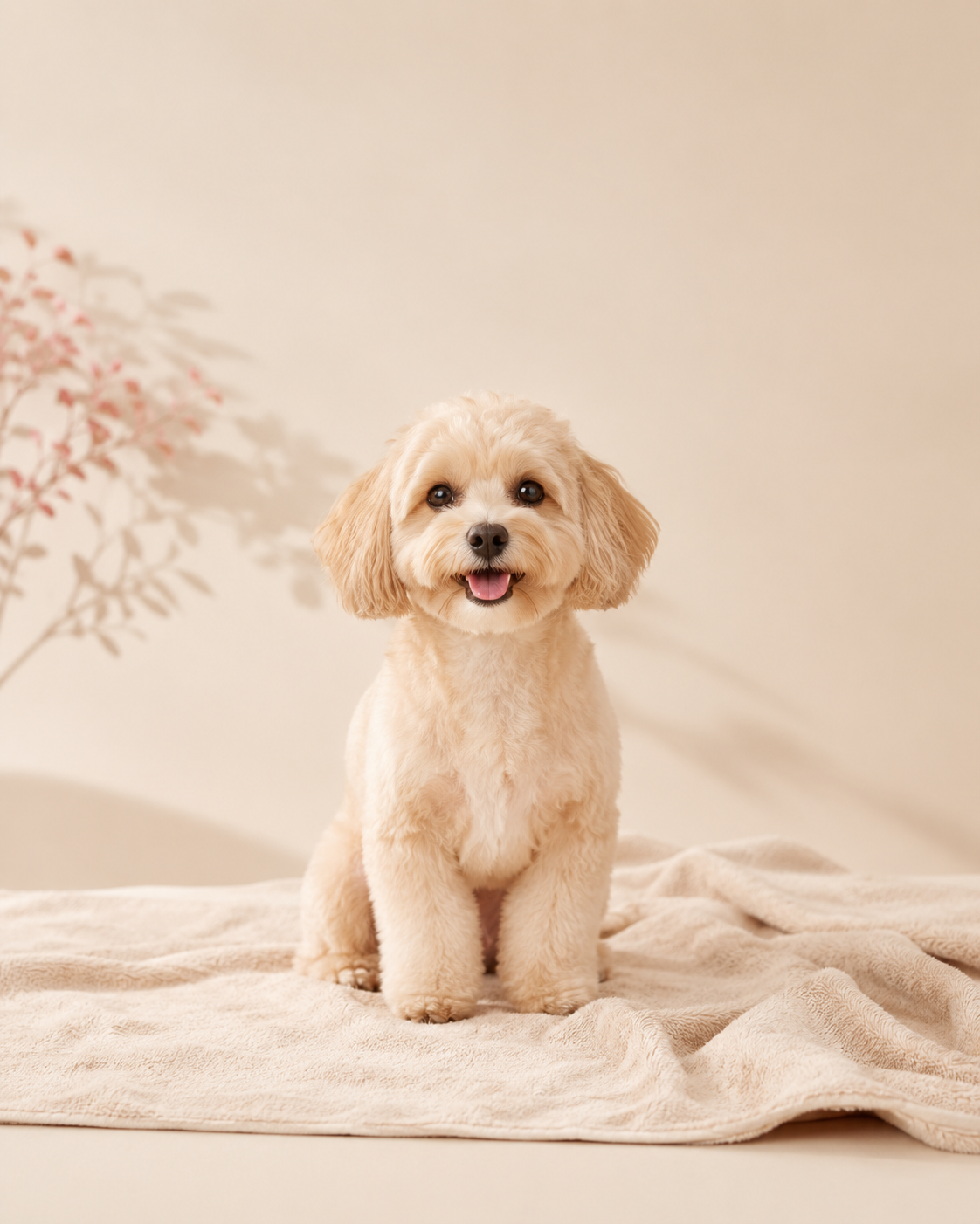 A happy, freshly groomed cream-colored dog sitting on a soft blanket